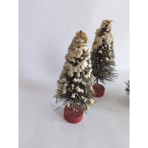 VINTAGE Bottle Brush Christmas Trees 3 Snow Flocked Village Putz 4" MCM - Picture 2 of 5